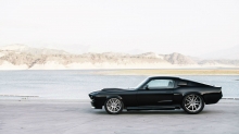 Черный Ford Mustang Fastback, Форд Мустанг, пустыня, горы, пейзаж, сбоку, диски, тюнинг